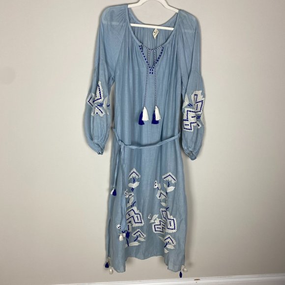 Benaras by Citrus Embroidered Boho Maxi Dress Blue Long Balloon Sleeves Belted - Picture 4 of 11